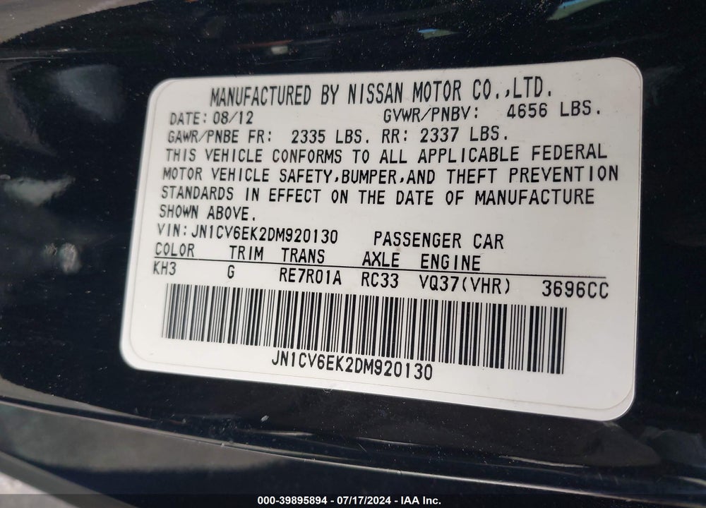 2013 INFINITI G37 JOURNEY VIN: JN1CV6EK2DM920130