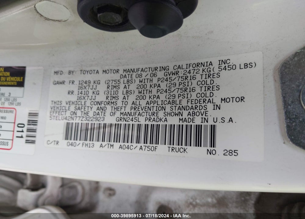 2007 TOYOTA TACOMA BASE V6 VIN: 5TELU42N77Z322923