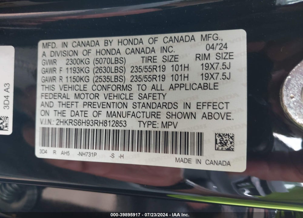 2024 HONDA CR-V HYBRID SPORT TOURING VIN: 2HKRS6H93RH812853