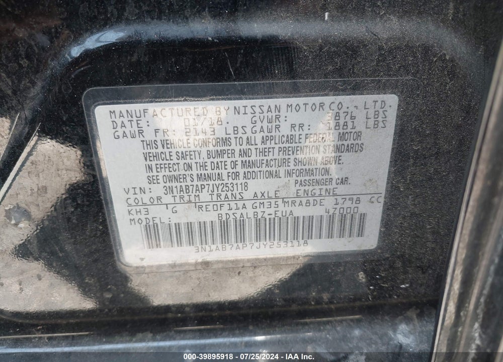 2018 NISSAN SENTRA S VIN: 3N1AB7AP7JY253118