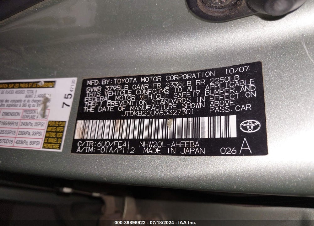 2008 TOYOTA PRIUS VIN: JTDKB20U983327301