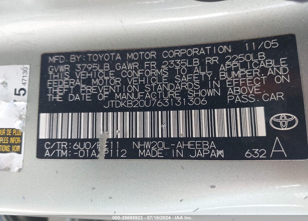 2006 TOYOTA PRIUS VIN: JTDKB20U763131306