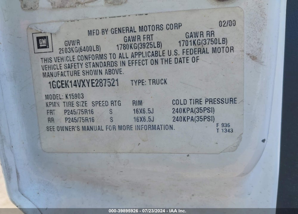 2000 CHEVROLET SILVERADO 1500 VIN: 1GCEK14VXYE287521