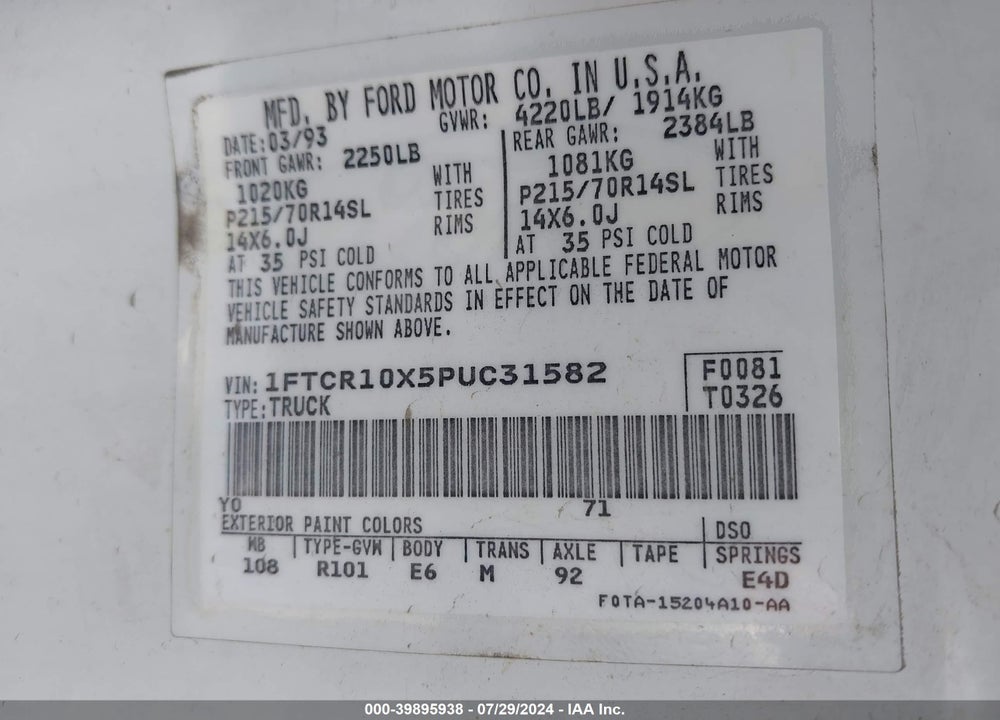 1993 FORD RANGER VIN: 1FTCR10X5PUC31582