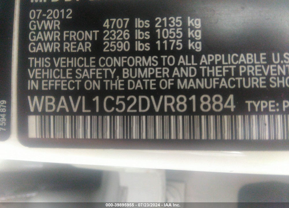 2013 BMW X1 XDRIVE28I VIN: WBAVL1C52DVR81884
