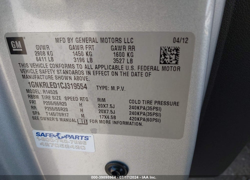 2012 CHEVROLET TRAVERSE LTZ VIN: 1GNKRLED1CJ319554