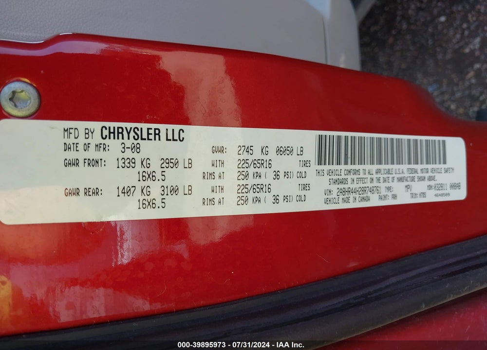 2008 CHRYSLER TOWN & COUNTRY LX VIN: 2A8HR44H28R748761