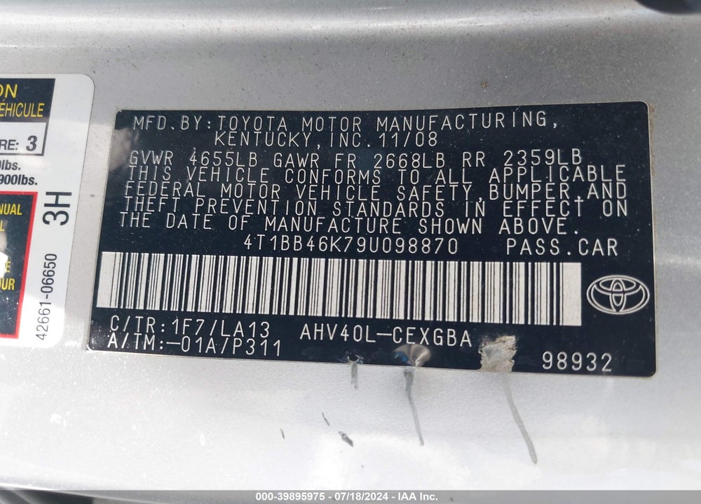 2009 TOYOTA CAMRY HYBRID VIN: 4T1BB46K79U098870