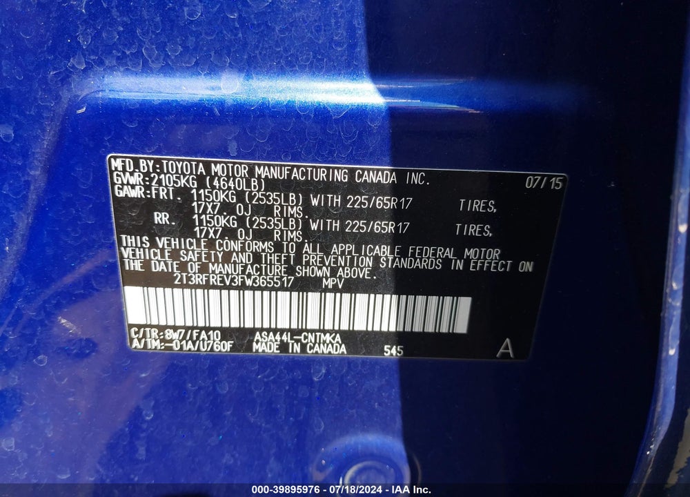 2015 TOYOTA RAV4 XLE VIN: 2T3RFREV3FW365517