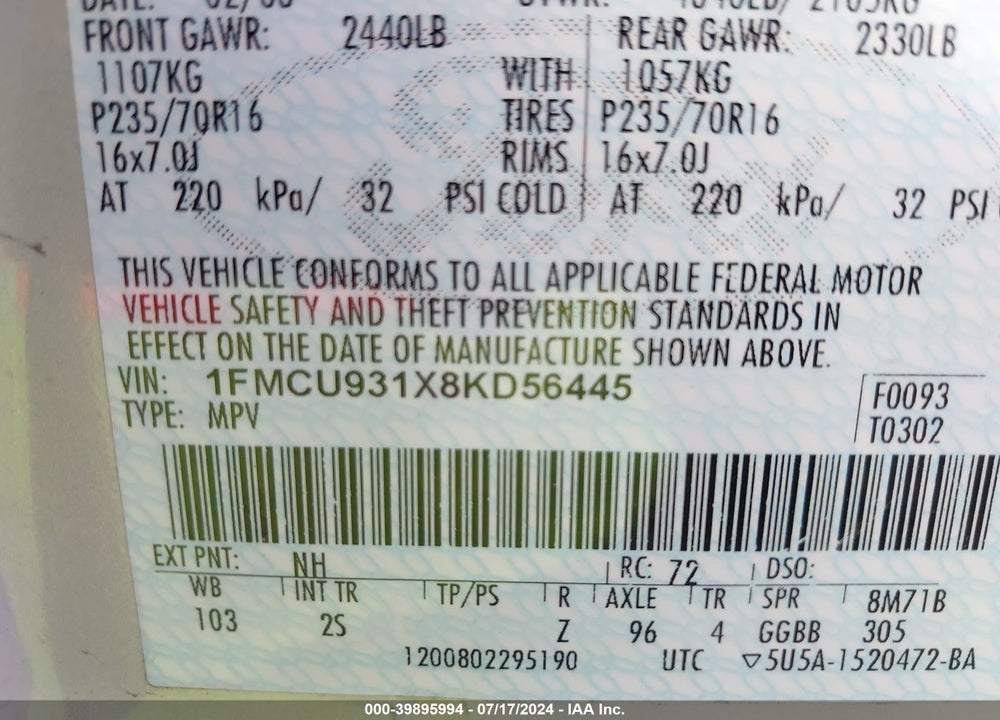 2008 FORD ESCAPE VIN: 1FMCU931X8KD56445