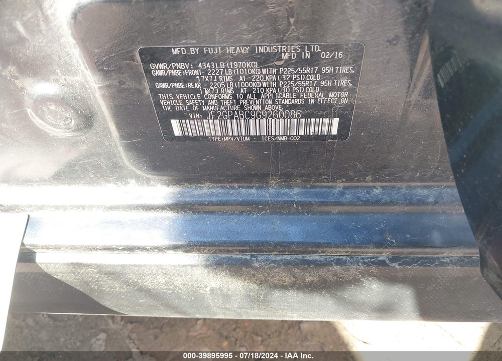 2016 SUBARU CROSSTREK 2.0I PREMIUM VIN: JF2GPABC9G9260086