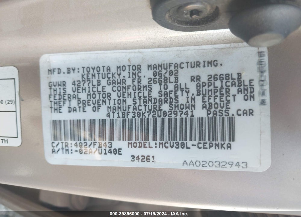 2002 TOYOTA CAMRY LE V6 VIN: 4T1BF30K72U029741