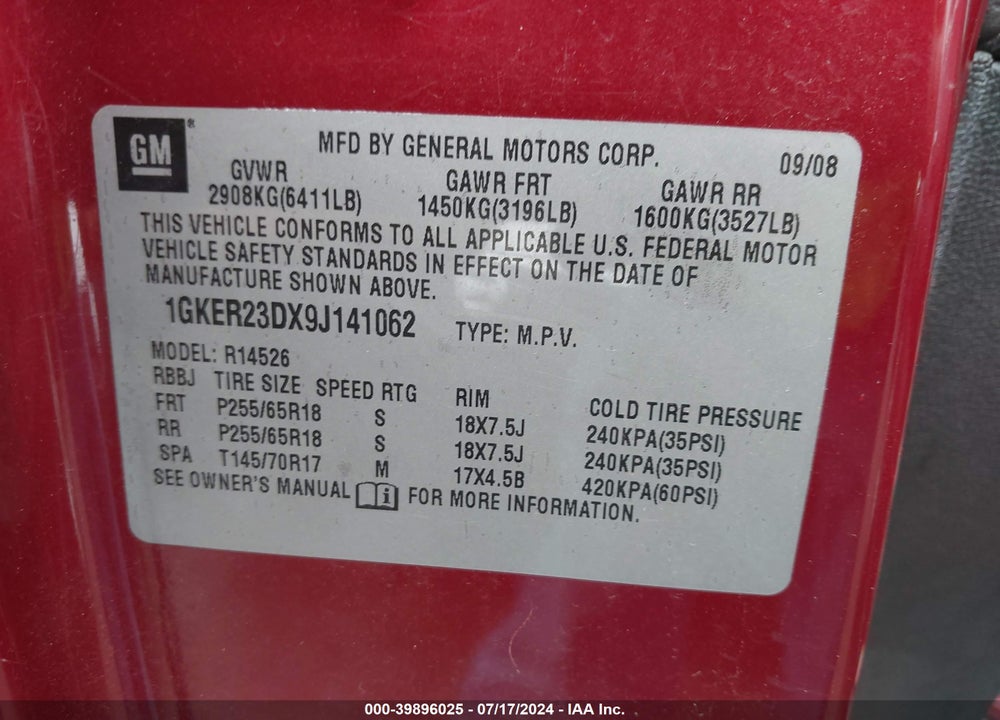 2009 GMC ACADIA SLT-1 VIN: 1GKER23DX9J141062