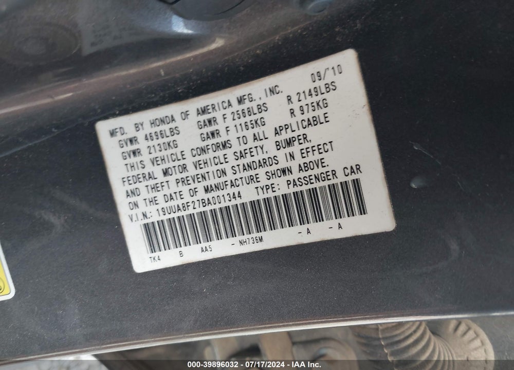 2011 ACURA TL 3.5 VIN: 19UUA8F27BA001344