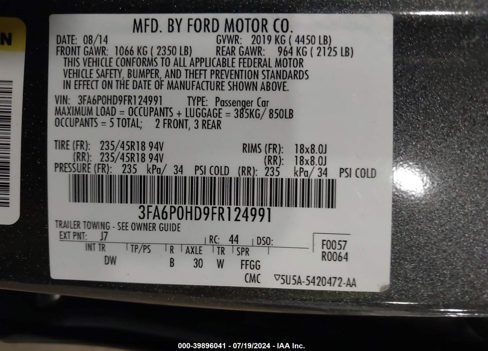 2015 FORD FUSION SE VIN: 3FA6P0HD9FR124991
