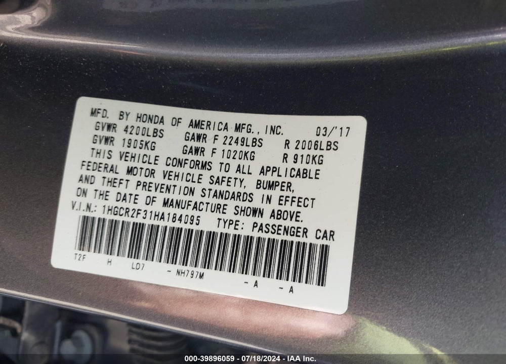 2017 HONDA ACCORD LX VIN: 1HGCR2F31HA184095