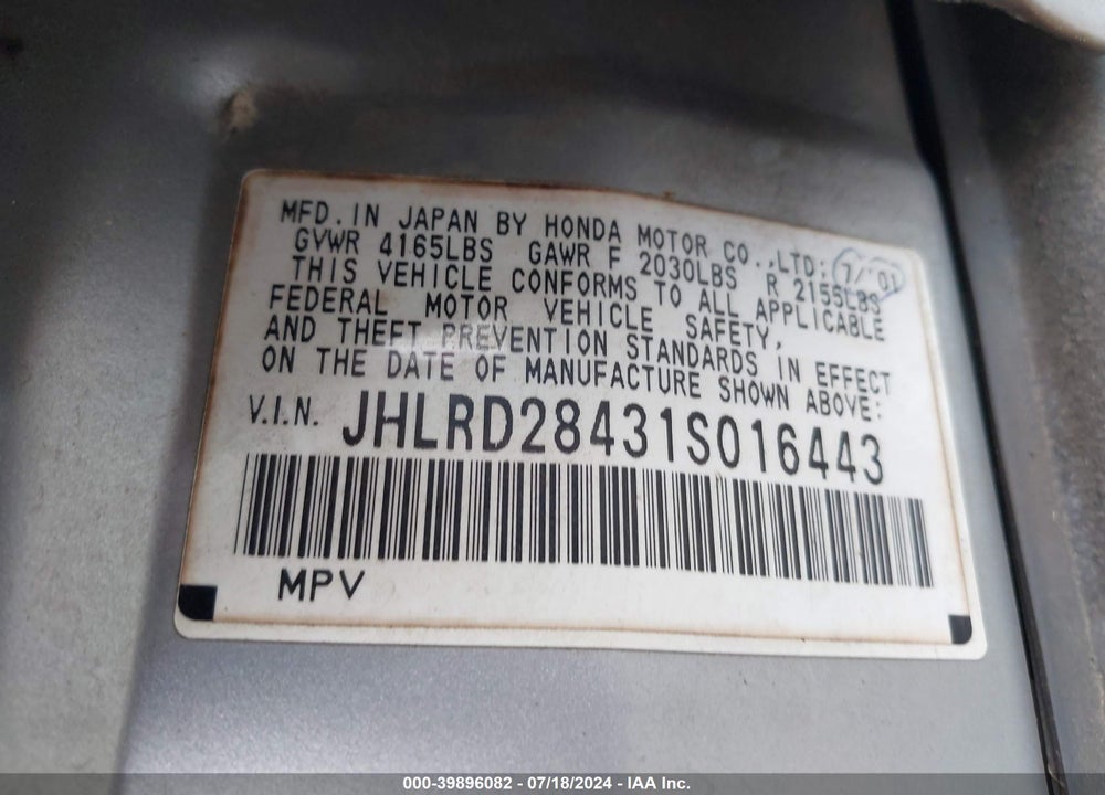 2001 HONDA CR-V LX VIN: JHLRD28431S016443