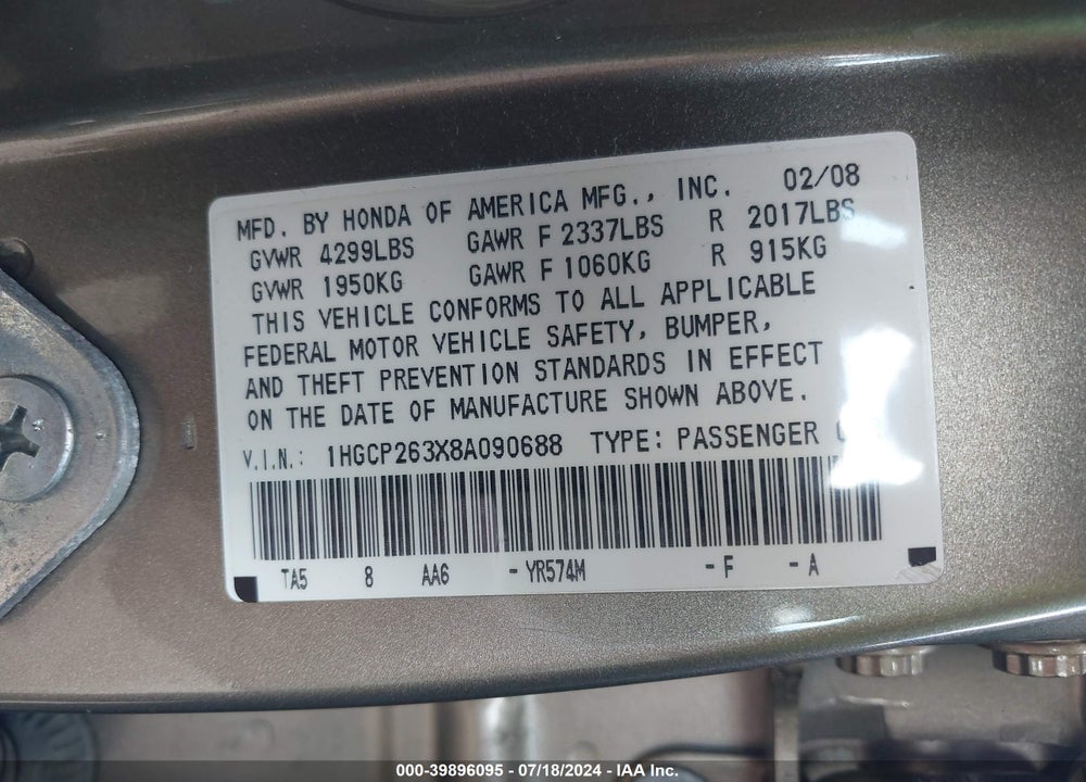 2008 HONDA ACCORD 2.4 LX VIN: 1HGCP263X8A090688