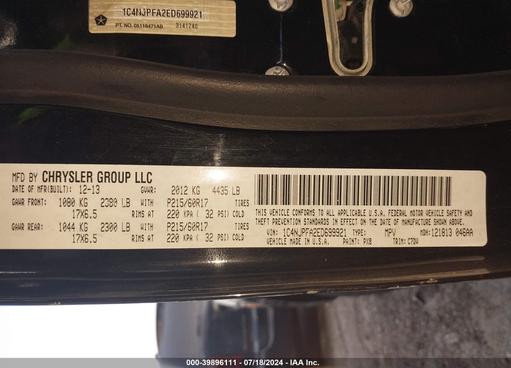2014 JEEP PATRIOT LATITUDE VIN: 1C4NJPFA2ED699921