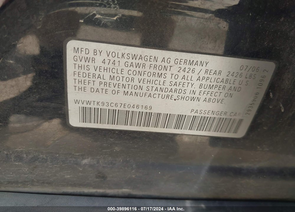 2007 VOLKSWAGEN PASSAT 2.0T VIN: WVWTK93C67E046169