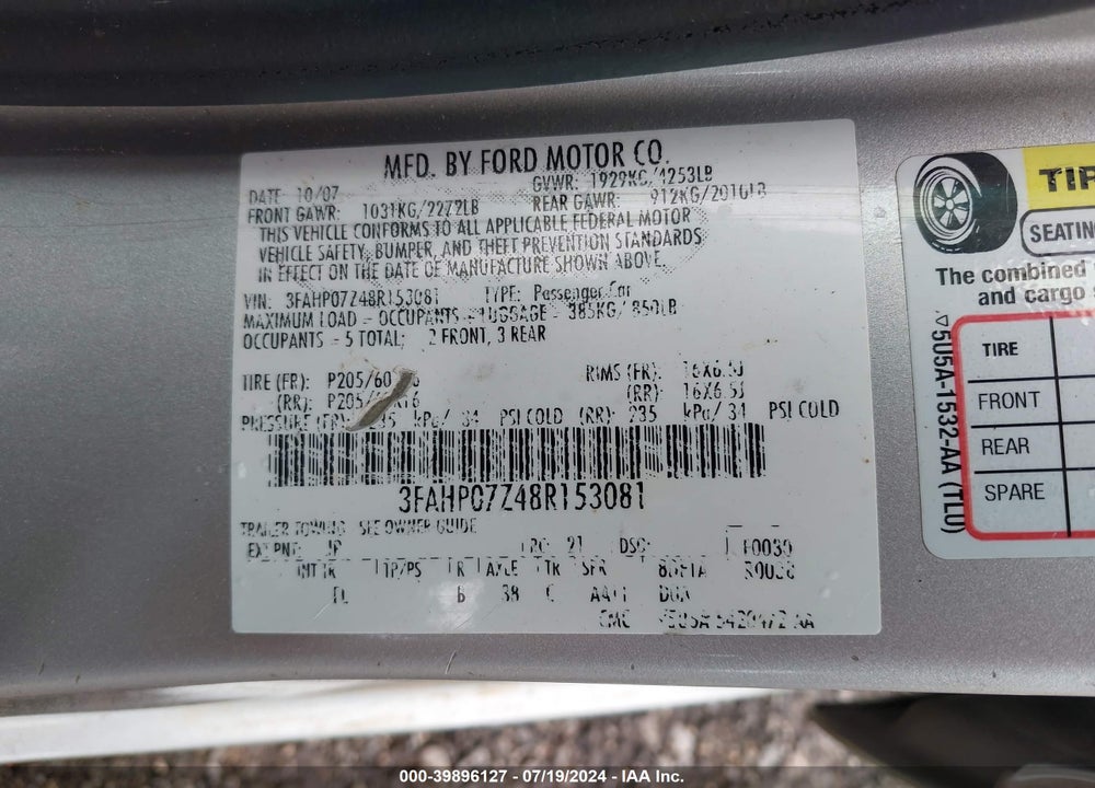 2008 FORD FUSION SE VIN: 3FAHP07Z48R153081