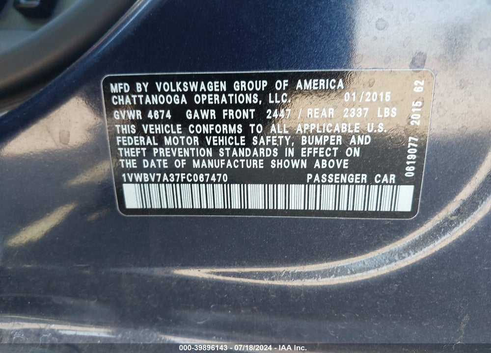 2015 VOLKSWAGEN PASSAT 2.0L TDI SE VIN: 1VWBV7A37FC067470