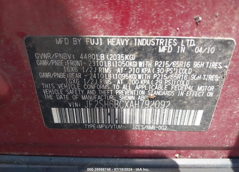 2010 SUBARU FORESTER 2.5X VIN: JF2SH6BCXAH792092