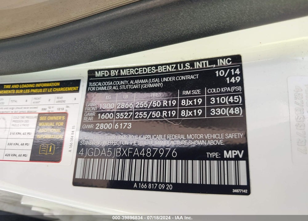 2015 MERCEDES-BENZ ML 350 VIN: 4JGDA5JBXFA487976