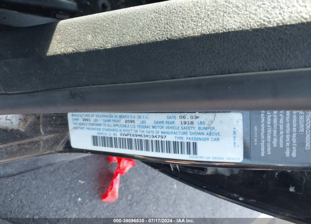 2003 VOLKSWAGEN JETTA WOLFSBURG EDITION VIN: 3VWPE69M63M194797