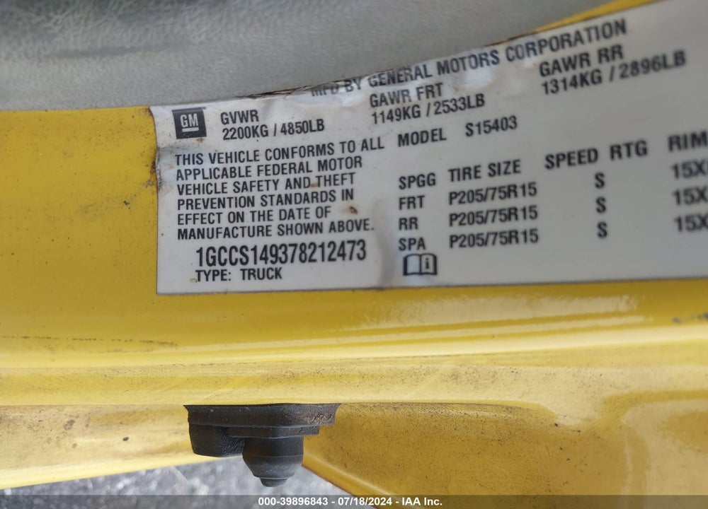 2007 CHEVROLET COLORADO WORK TRUCK VIN: 1GCCS149378212473