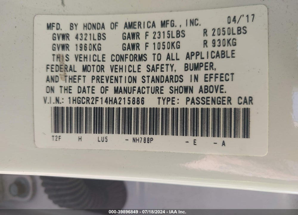 2017 HONDA ACCORD SPORT SE VIN: 1HGCR2F14HA215886