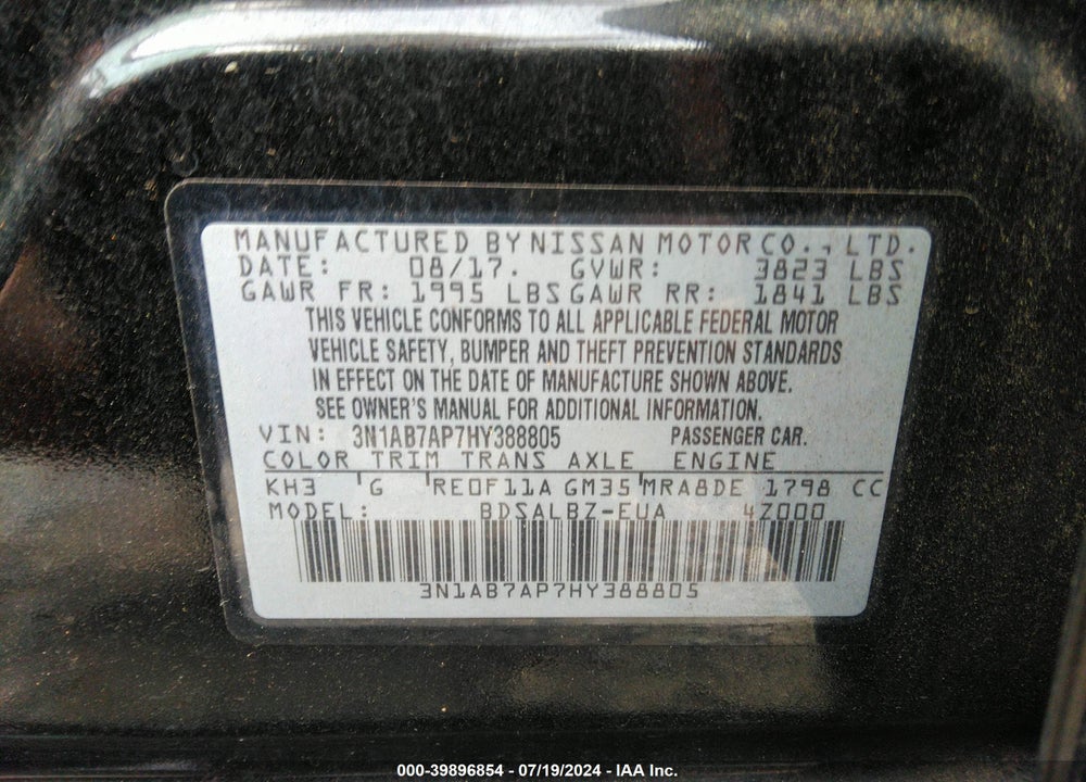 2017 NISSAN SENTRA VIN: 3N1AB7AP7HY388805