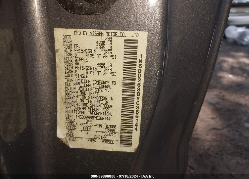2000 NISSAN FRONTIER XE VIN: 1N6DD26S8YC366144