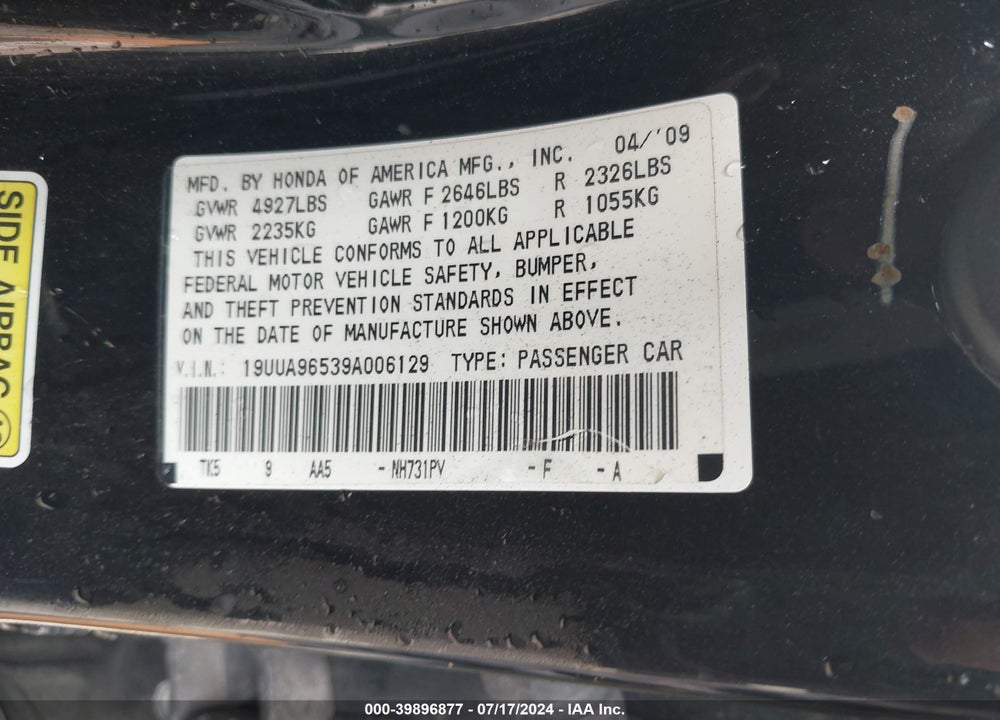 2009 ACURA TL 3.7 VIN: 19UUA96539A006129