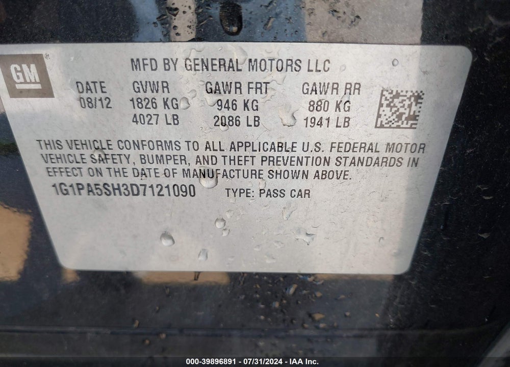 2013 CHEVROLET CRUZE LS AUTO VIN: 1G1PA5SH3D7121090