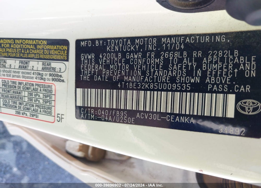 2005 TOYOTA CAMRY LE VIN: 4T1BE32K85U009535