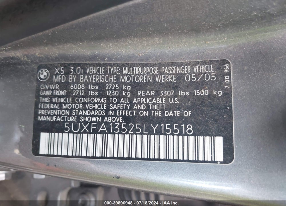 2005 BMW X5 3.0I VIN: 5UXFA13525LY15518