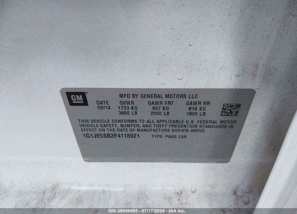 2015 CHEVROLET SONIC LTZ AUTO VIN: 1G1JE5SB2F4118921
