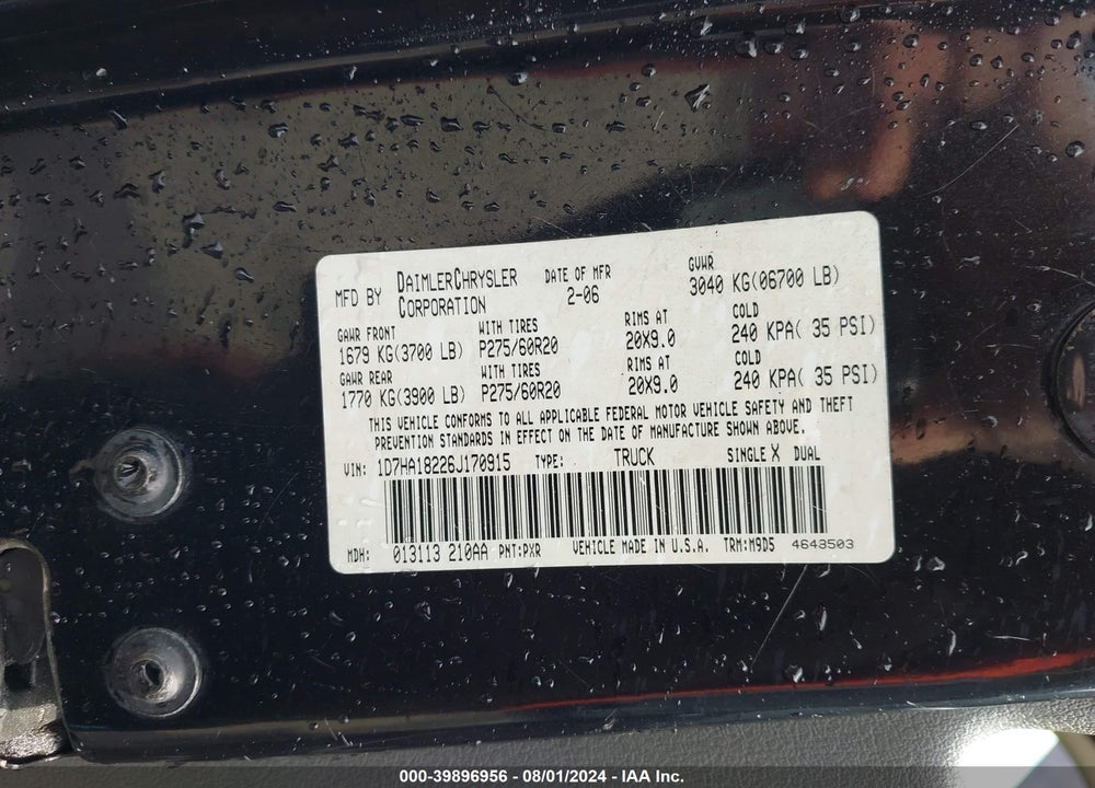 2006 DODGE RAM 1500 SLT VIN: 1D7HA18226J170915