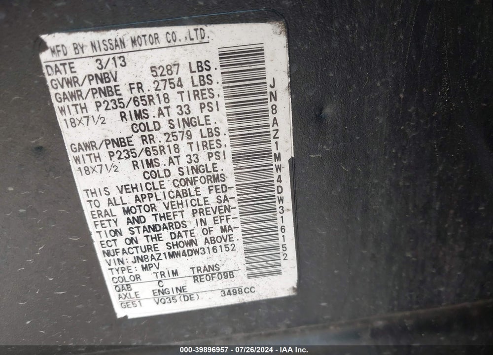 2013 NISSAN MURANO SV VIN: JN8AZ1MW4DW316152