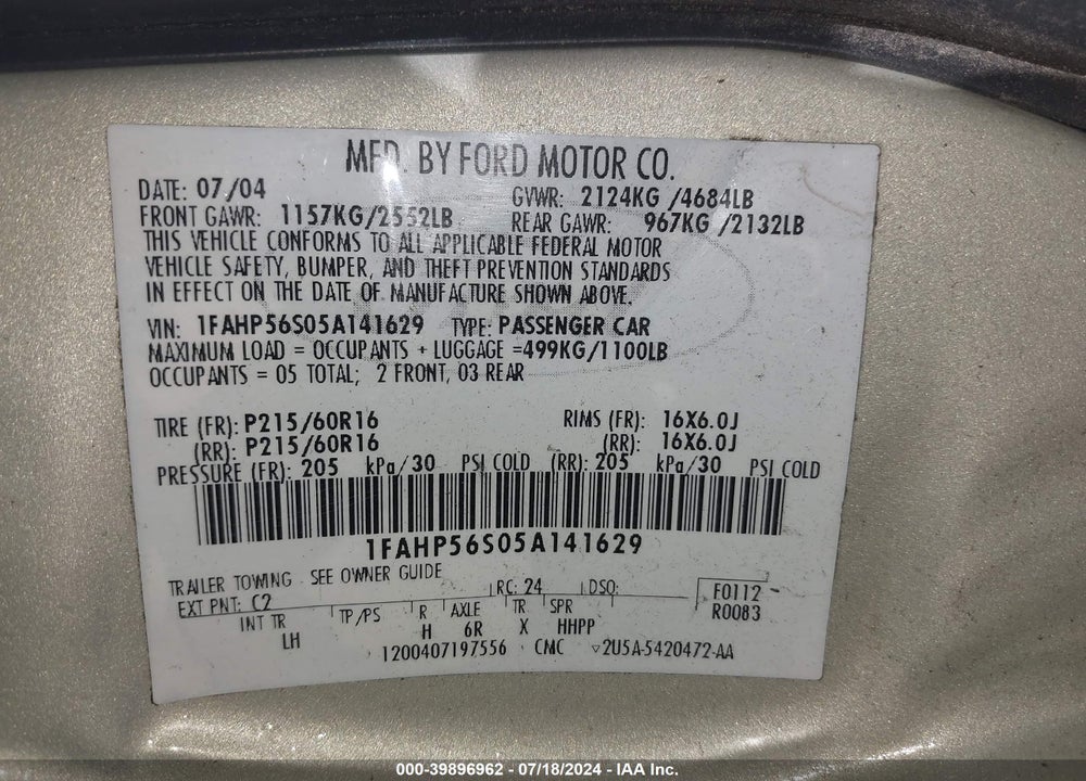 2005 FORD TAURUS SEL VIN: 1FAHP56S05A141629