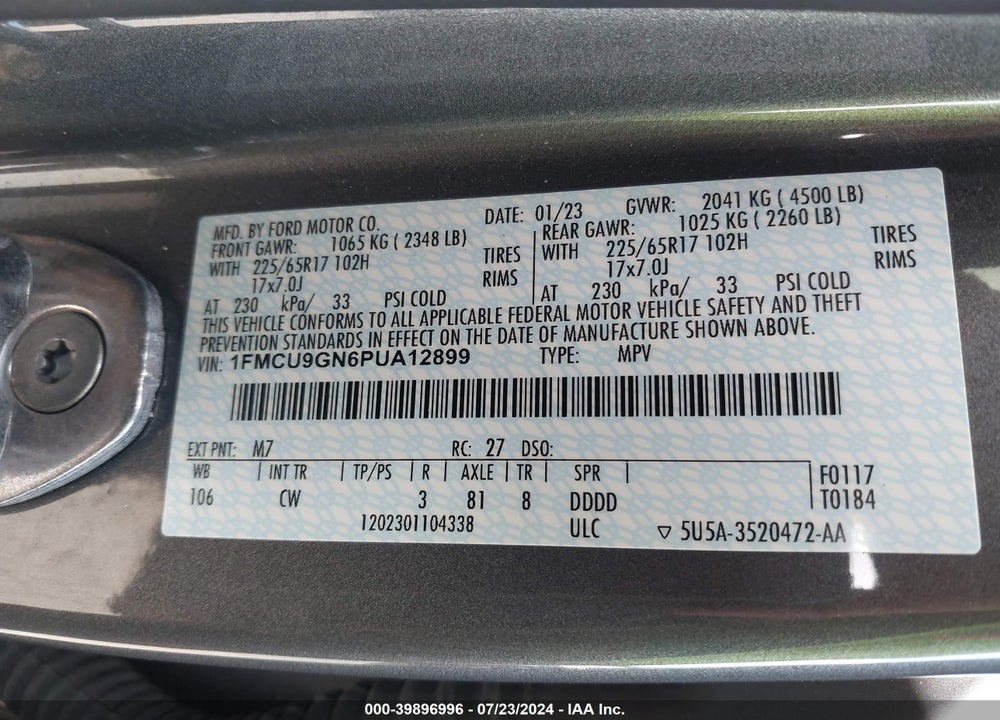 2023 FORD ESCAPE ACTIVE VIN: 1FMCU9GN6PUA12899