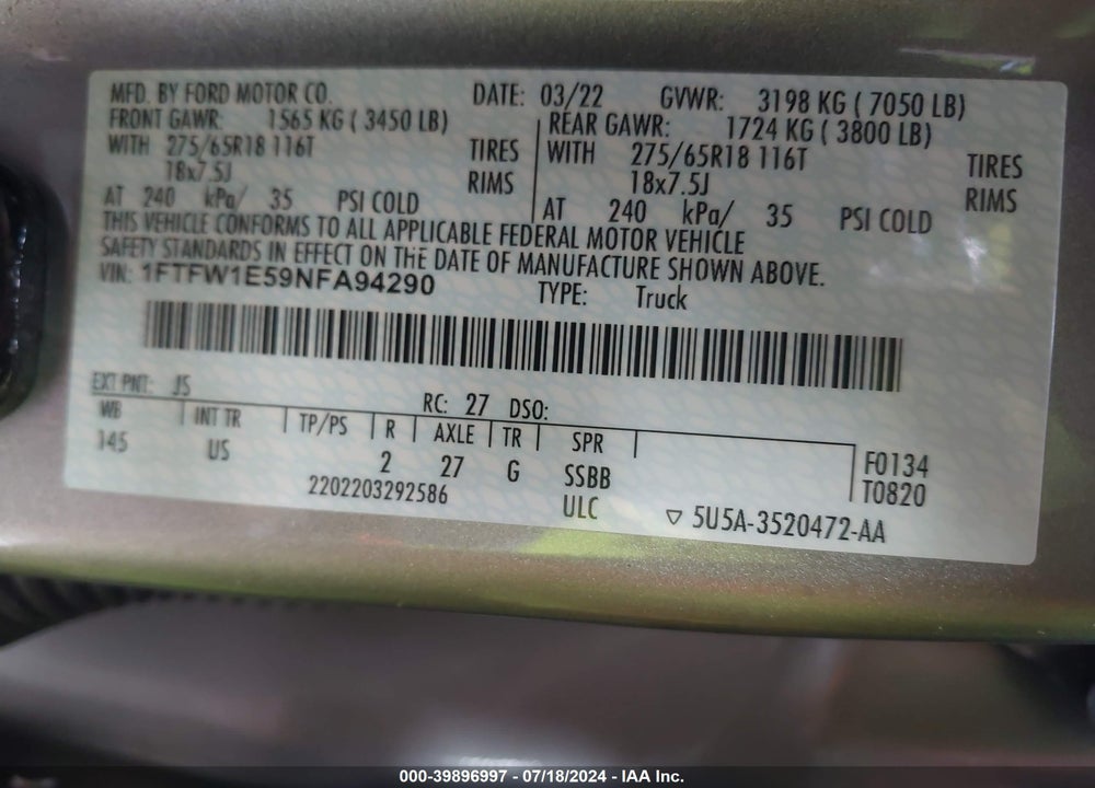 2022 FORD F-150 XLT VIN: 1FTFW1E59NFA94290