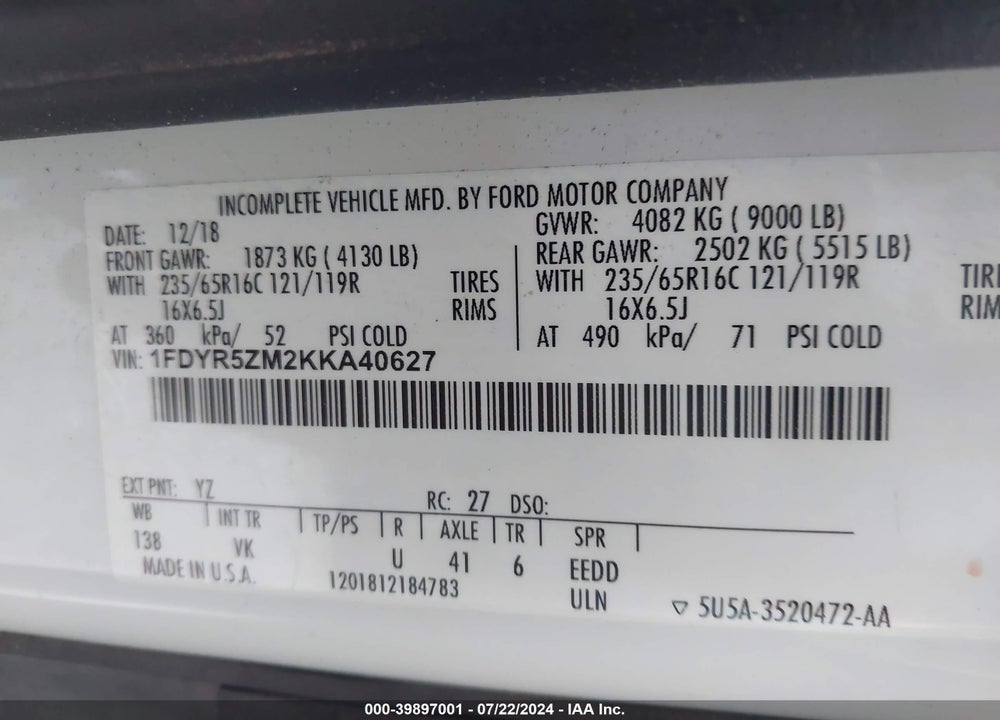 2019 FORD TRANSIT-250 CAB VIN: 1FDYR5ZM2KKA40627