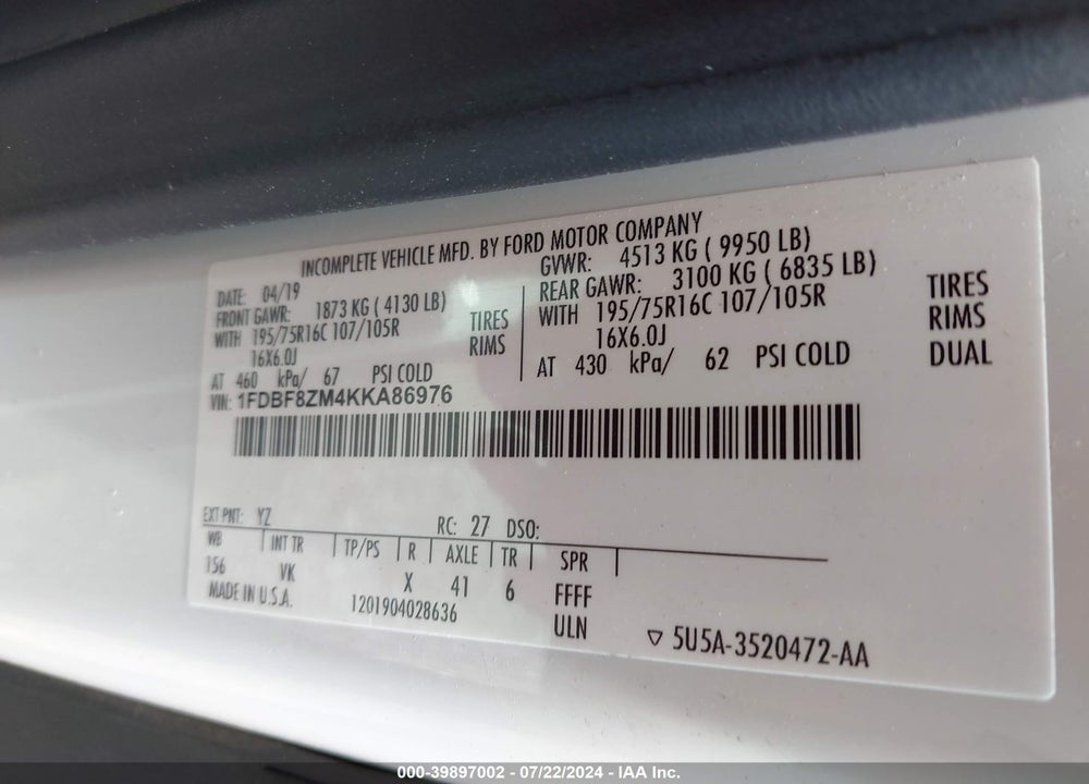 2019 FORD TRANSIT-350 CAB VIN: 1FDBF8ZM4KKA86976