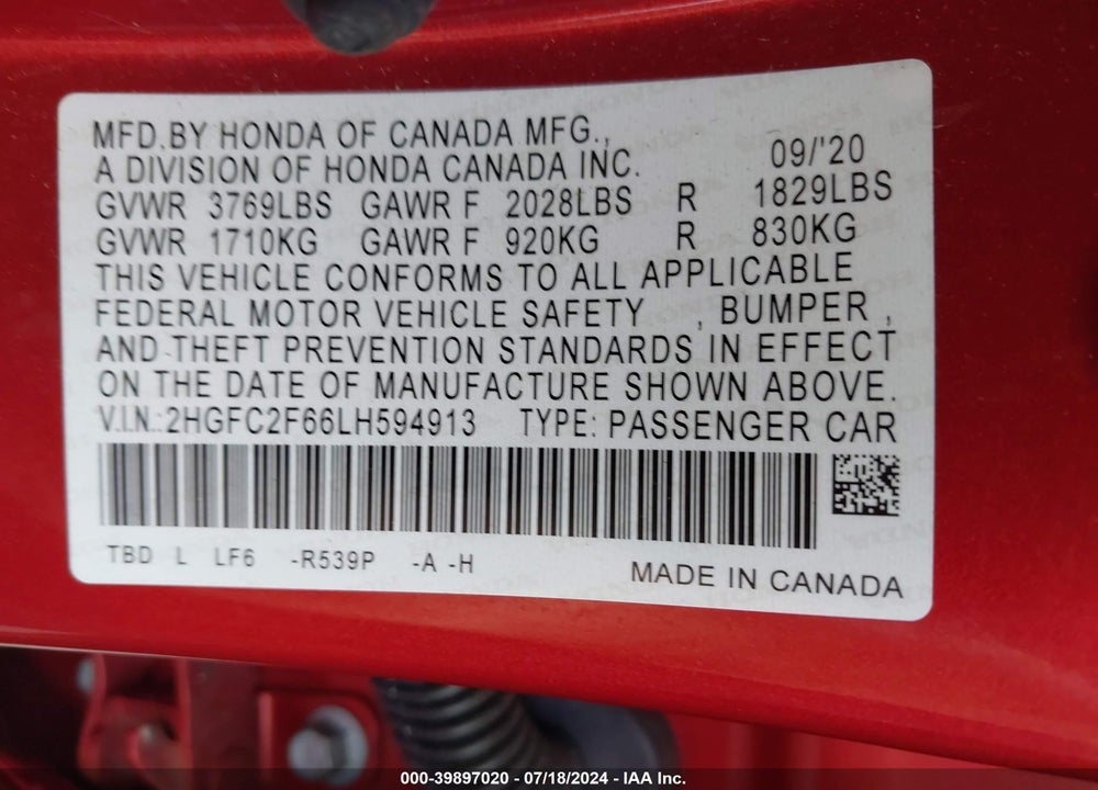 2020 HONDA CIVIC LX VIN: 2HGFC2F66LH594913