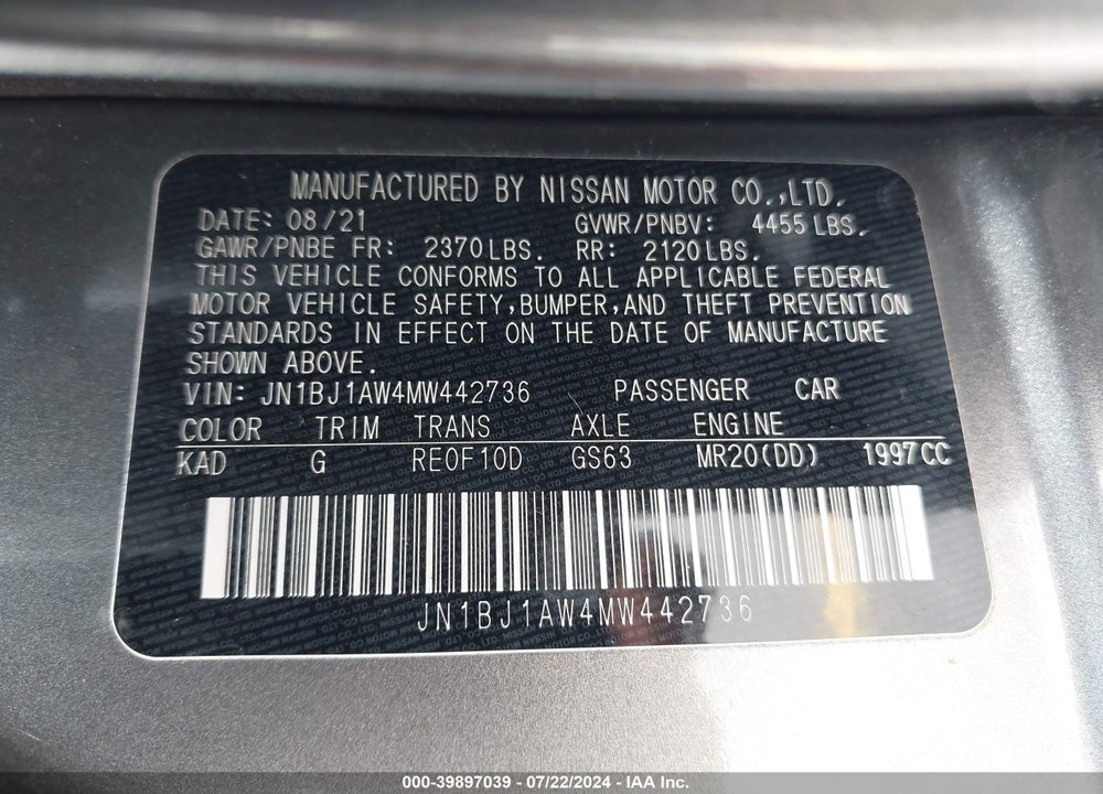 2021 NISSAN ROGUE SPORT S AWD XTRONIC CVT VIN: JN1BJ1AW4MW442736