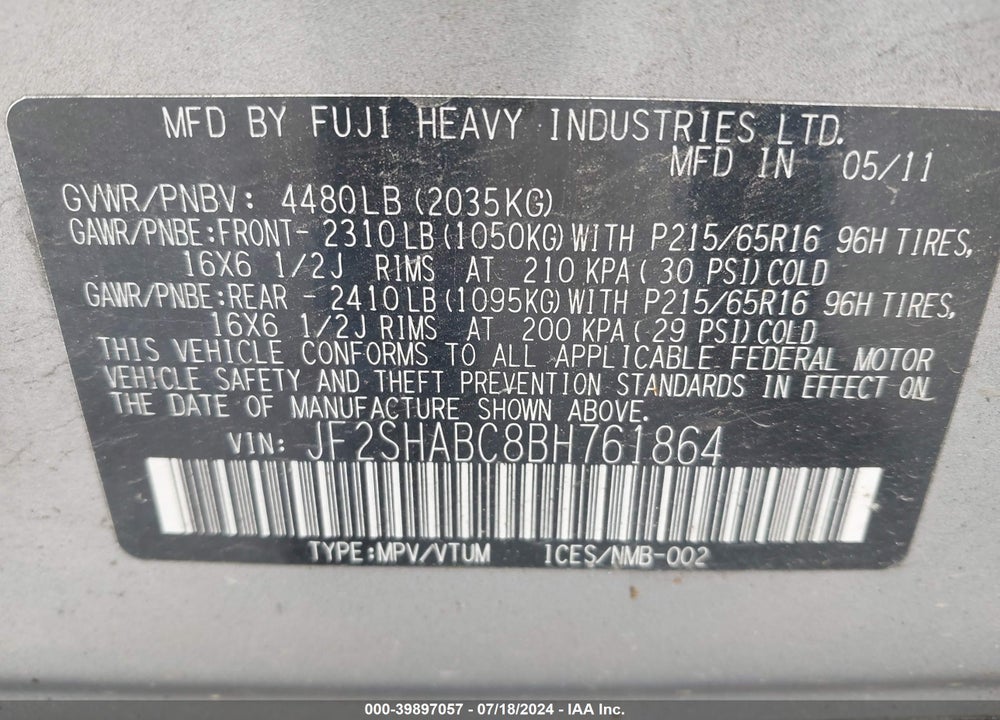 2011 SUBARU FORESTER 2.5X VIN: JF2SHABC8BH761864