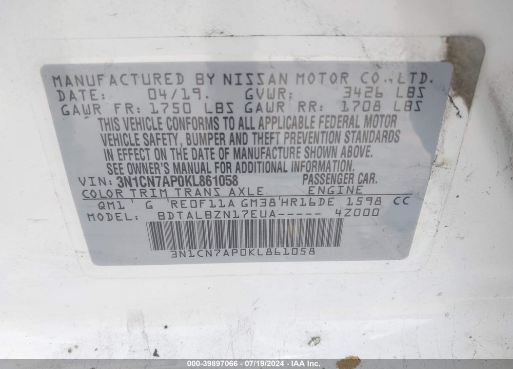 2019 NISSAN VERSA 1.6 SV VIN: 3N1CN7AP0KL861058