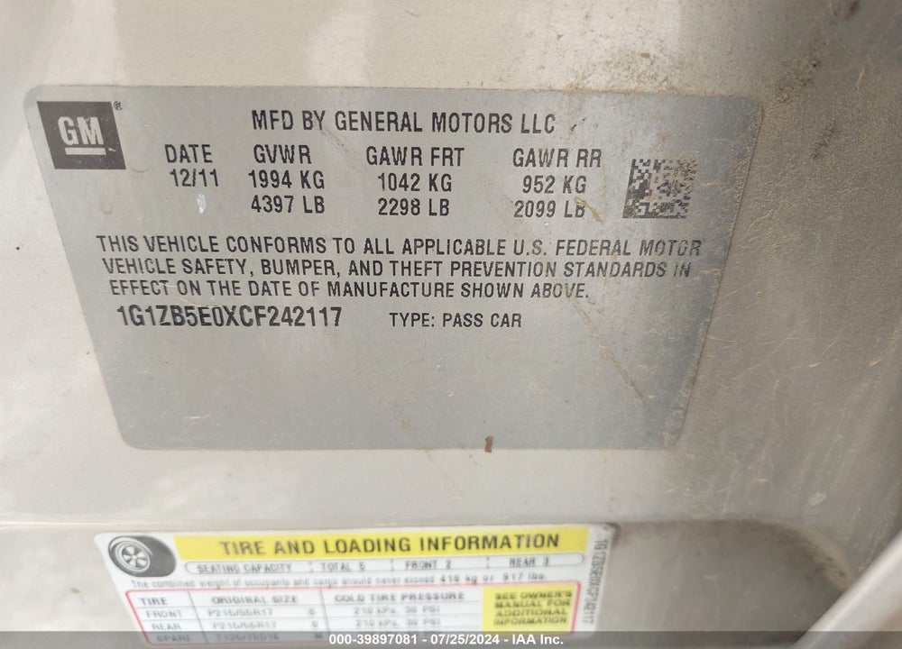 2012 CHEVROLET MALIBU LS VIN: 1G1ZB5E0XCF242117